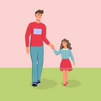 padre e figlia che camminano per strada. papà e bambino in abiti primaverili. illustrazione vettoriale di cartone animato piatto.