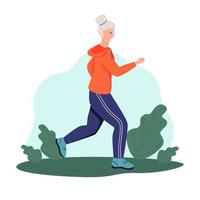 una donna anziana corre nel parco. il concetto di vecchiaia attiva, sport e corsa. giorno degli anziani. illustrazione vettoriale di cartone animato piatto.