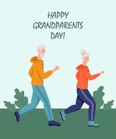 biglietto di auguri felice giorno dei nonni. coppia di anziani in esecuzione nel parco. allegri personaggi dei cartoni animati della nonna e del nonno. giorno degli anziani. illustrazione vettoriale piatta.
