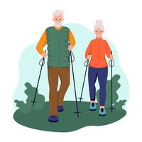 una coppia di anziani che cammina con i bastoni nel parco. il concetto di nordic walking, invecchiamento attivo, sport. illustrazione vettoriale di cartone animato piatto.