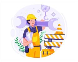 contento lavoro duro e faticoso giorno. un' contento costruzione lavoratore è Tenere il chiave inglese. lavoratore Tenere attrezzo. vettore illustrazione