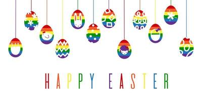contento Pasqua arcobaleno bandiera con sospeso uova e vacanza simboli nel orgoglio lbgt colori. astratto moderno grafico minimalista vettore piatto illustrazione.