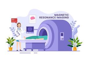 mri o magnetico risonanza l'imaging illustrazione con medico e paziente su medico visita medica e ct scansione nel piatto cartone animato mano disegnato modelli vettore