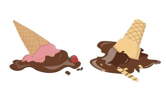 ghiaccio crema nel cialda cono vettore illustrazione su bianca sfondo. caduto e fuso ghiaccio crema clipart. vettore di sottosopra giù fragola e cioccolato gelato abbattere su il terra. 3d cartone animato stile.