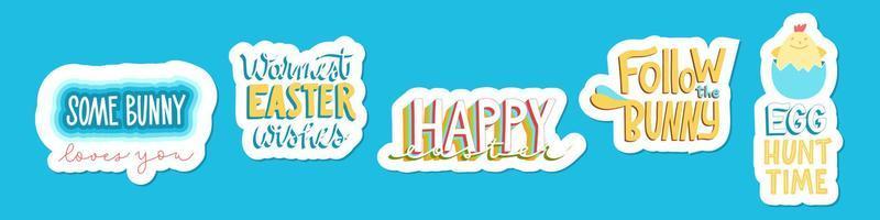 gioioso contento Pasqua disegnato a mano lettering impostato per saluto carte, sociale media messaggi, adesivi. colorato caramella pastelli primavera vettore illustrazione nel piatto stile.