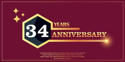 34th anniversario oro colore logotipo stile con esagono forma con bianca colore numero font su rosso sfondo vettore illustrazione