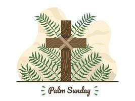 buona domenica delle palme con croce cristiana e foglie di palma. festa religiosa della domenica delle palme cristiana con rami di palma e croce di legno. adatto per biglietto di auguri, invito, banner, flyer, poster. vettore