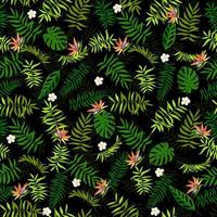 foglie verdi senza soluzione di continuità e fiori esotici. sfondo tropicale. stampa per web, tessuto e carta da imballaggio. vettore