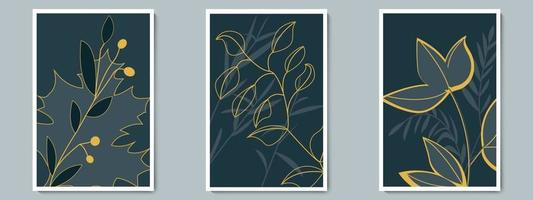 insieme del manifesto di vettore di arte della parete scura botanica. fogliame dorato minimalista con sfondo notturno.