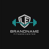 creativo lettera Le logo design per Palestra o fitness con semplice scudo e manubrio design stile vettore