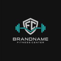 creativo lettera fc logo design per Palestra o fitness con semplice scudo e manubrio design stile vettore