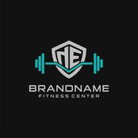 creativo lettera ne logo design per Palestra o fitness con semplice scudo e manubrio design stile vettore