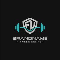 creativo lettera fu logo design per Palestra o fitness con semplice scudo e manubrio design stile vettore