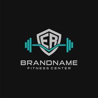 creativo lettera er logo design per Palestra o fitness con semplice scudo e manubrio design stile vettore