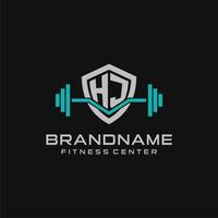 creativo lettera hj logo design per Palestra o fitness con semplice scudo e manubrio design stile vettore