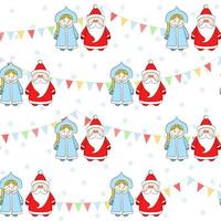 Babbo Natale russo e fanciulla di neve su sfondo con con bandiere e fiocchi di neve. divertente modello senza cuciture di nuovo anno. vettore