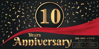 10 ° anni anniversario celebrazione logo su buio sfondo con d'oro numeri e d'oro astratto coriandoli vettore design