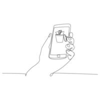 disegno a tratteggio continuo mano che tiene smartphone con cestino digitale per file e dati. illustrazione vettoriale