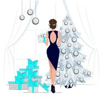ragazza in un abito da cocktail blu navy decora l'albero di Natale, preparando per Natale e Capodanno, interni festivi, illustrazione di moda vettoriale in stile piano.