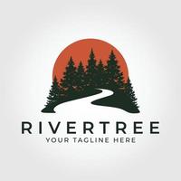 sempreverde pino alberi e fiume con tramonto sfondo vettore logo design