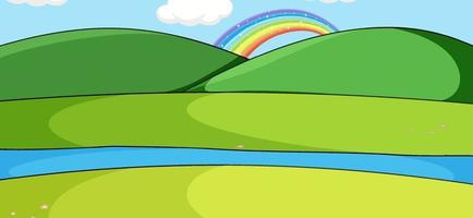 scena di paesaggio parco vuoto con arcobaleno dietro la montagna vettore