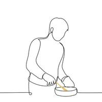 uomo in piedi Tenere frittura padella con protettivo bordeggiare eccitante con grande di legno cucchiaio - uno linea disegno vettore. concetto cucinare a casa, cucinare per te stesso vettore