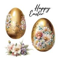 contento Pasqua acquerello vettore carino classico illustrazioni di d'oro Pasqua uova fiori, saluto carta, manifesto o sfondo