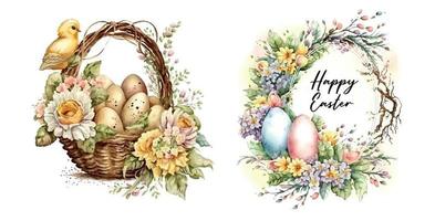 contento Pasqua impostato vettore carino classico illustrazioni di Pasqua uova nel un' cestino di fiori, pulcino, coniglietto saluto testo per un' saluto carta, manifesto o sfondo