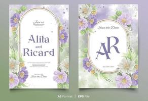 acquerello nozze invito carta modello con viola e bianca fiore ornamento vettore