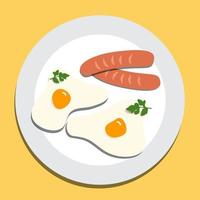 fritte uova con salsicce e prezzemolo su bianca piatto superiore Visualizza su giallo sfondo, vettore illustrazione