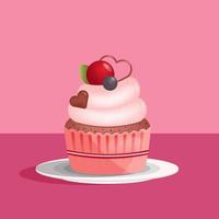 Cupcake con cuore forma cioccolato e ciliegia su il piatto nel piatto stile isolato su rosa sfondo. amore, san valentino giorno concetto. vettore illustrazione