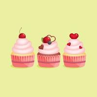 impostato di tre cupcakes con cuore forma cioccolato e ciliegia nel piatto stile isolato su giallo sfondo. amore, san valentino giorno concetto. vettore illustrazione