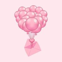 festivo mazzo di rosa volare palloncini legato con un' cuore cartolina e Busta su rosa sfondo per san valentino carta. vettore illustrazione