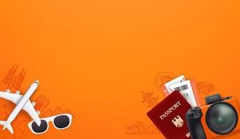 illustrazione di viaggio con cose diverse. passaporto, fotocamera digitale, biglietti, occhiali da sole vettore