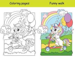 carino poco unicorno rotolamento su un' scooter colorazione libro vettore