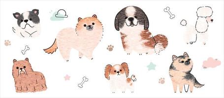 carino cani vettore impostare. cartone animato cane o cucciolo personaggi design collezione con piatto colore nel diverso pose. impostato di divertente animale domestico animali isolato su bianca sfondo.