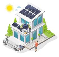 solare tetto superiore installatore squadra servizio installazione concetto solare cellula su tetto di moderno Casa nel verde natura ecologia stile di vita su porta isolato illustrazione cartone animato vettore