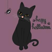 carino mano disegnato lettering contento Halloween testo con cartone animato personaggio nero gatto e ragno vettore illustrazione per vacanza stagione