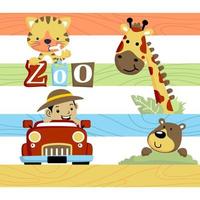 vettore cartone animato di un' ragazzo guida auto con carino animali su colorato a strisce sfondo