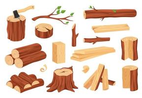 cartone animato legna log e tronco. di legno legname materiale registri, tronchi, ceppi, legna da ardere, tavole, rami. legno duro costruzione elementi vettore impostato