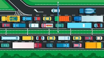 superiore Visualizza autostrada con traffico marmellata. molti diverso macchine su città strada. mezzi di trasporto problema, urbano trasporto su inceppato strada vettore illustrazione