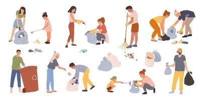 persone raccogliere spazzatura. uomini, donne e bambini raccolta spazzatura nel contenitori o borse. volontari raccolta plastica rifiuto insieme vettore impostato