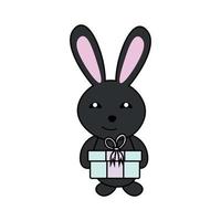 nero sorridente coniglio con un' regalo vettore