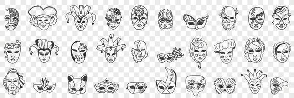 carnevale maschere assortimento scarabocchio impostare. collezione di mano disegnato vario stili di decorativo viso maschere come Festival carnevale costumi isolato su trasparente sfondo vettore illustrazione