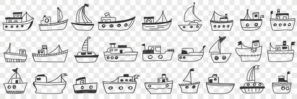 Barche navi assortimento scarabocchio impostare. collezione di mano disegnato vario stili di navi acqua trasporto per andare in barca su mare oceano ricreazione o industria isolato su trasparente sfondo illustrazione vettore