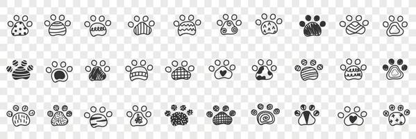 animali zampe impronte scarabocchio impostare. collezione di mano disegnato impronte impronte di animali cani con vario modelli nel righe isolato su trasparente sfondo vettore