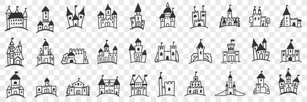 castelli facciate con torri scarabocchio impostare. collezione di mano disegnato vario facciate di castelli con torri e finestra per reale famiglia alloggio isolato su trasparente sfondo vettore
