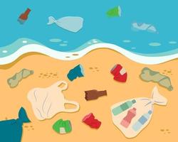 sporco mare costa. plastica spazzatura, sciocchezze su il spiaggia. ecologia problema piatto stile vettore illustrazione