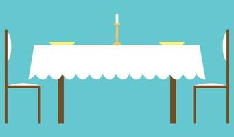 un' semplice tavolo con sedie e candela e piatti, bianca tavolo coperchio, legna sedie e tavolo , candeliere , piatti , tavolo per ristorante e casa , tavolo impostare, cucina presentazione e bandiera vettore