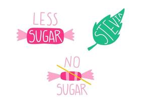 Di meno zucchero, dolcificante, Stevia. no aggiunto zucchero. sano cibo concetto icone impostare. vettore
